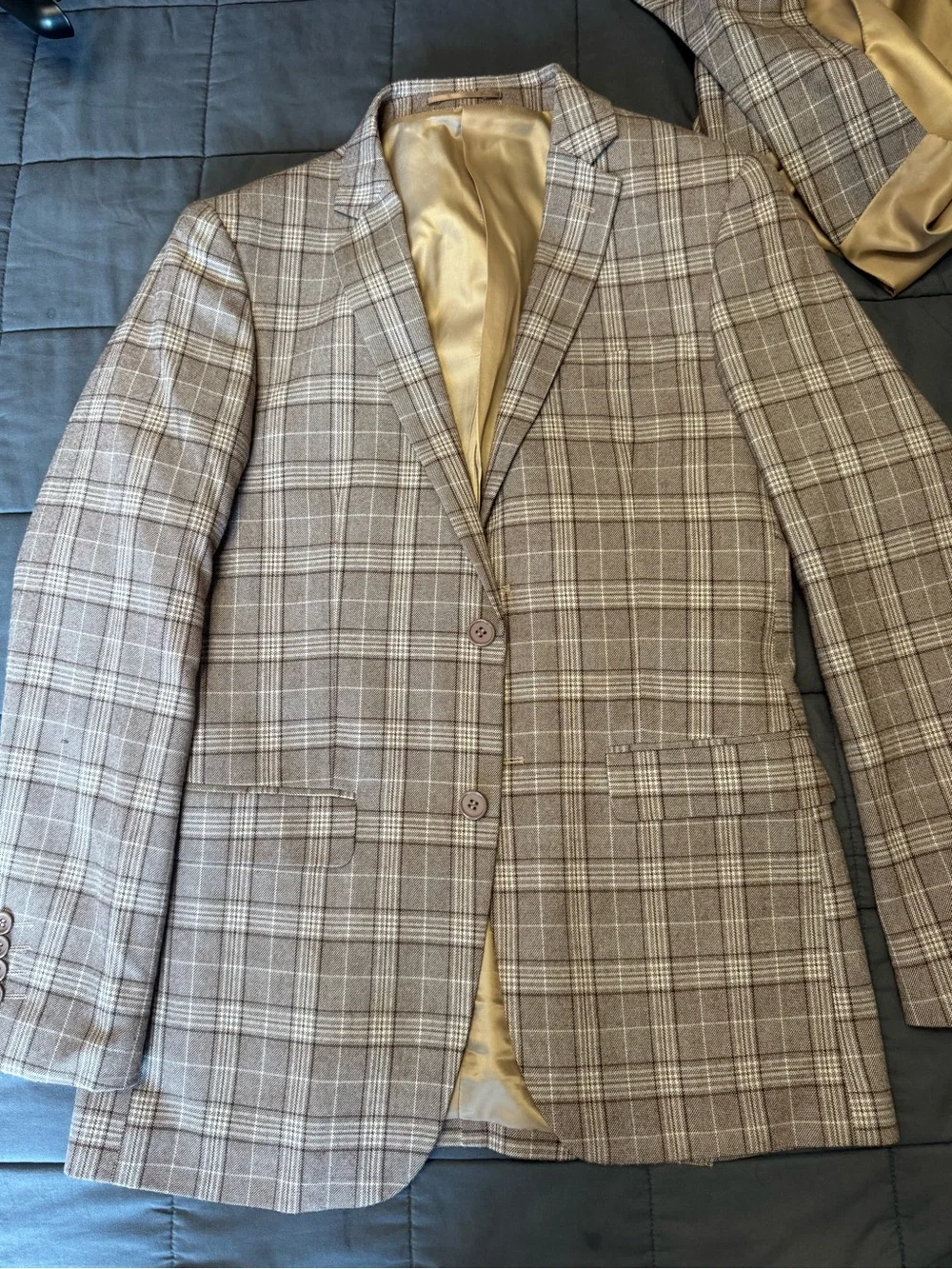 Men's Three-Piece Plaid Suit in Taupe Check